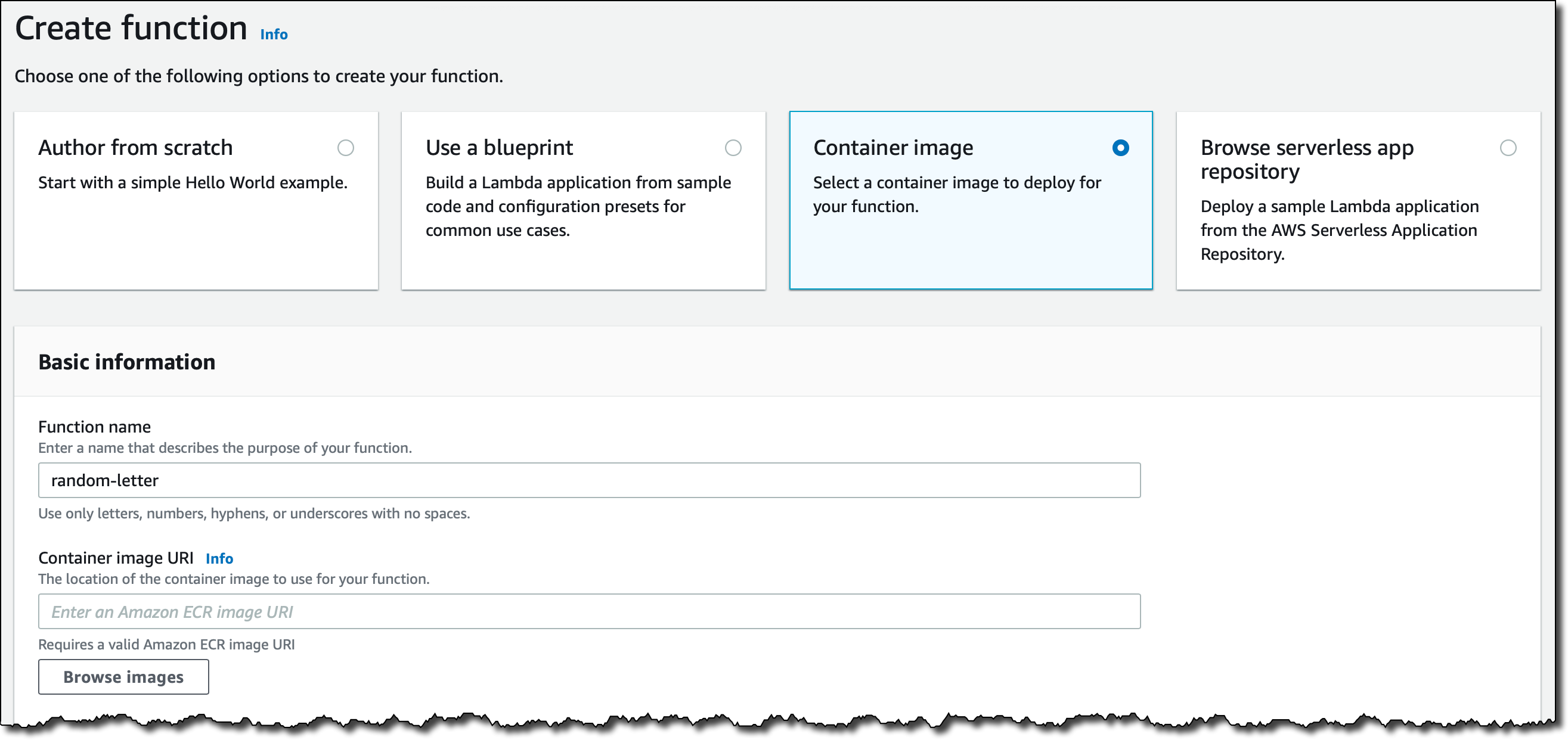 Lambda作成画面でContainer Imageオプションが表示されている画面