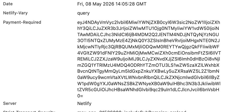 402 レスポンスに含まれる PAYMENT-REQUIRED ヘッダーの値(Base64文字列)が DevTools に表示されている様子